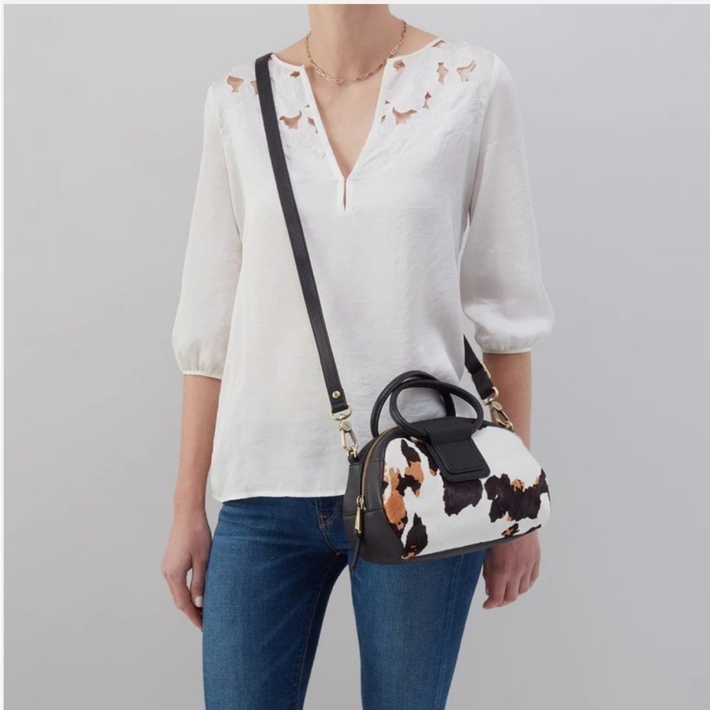 Hobo Sheila Small Mini Cow Print Hair On Leather Satchel, Black/Brown, Nwt